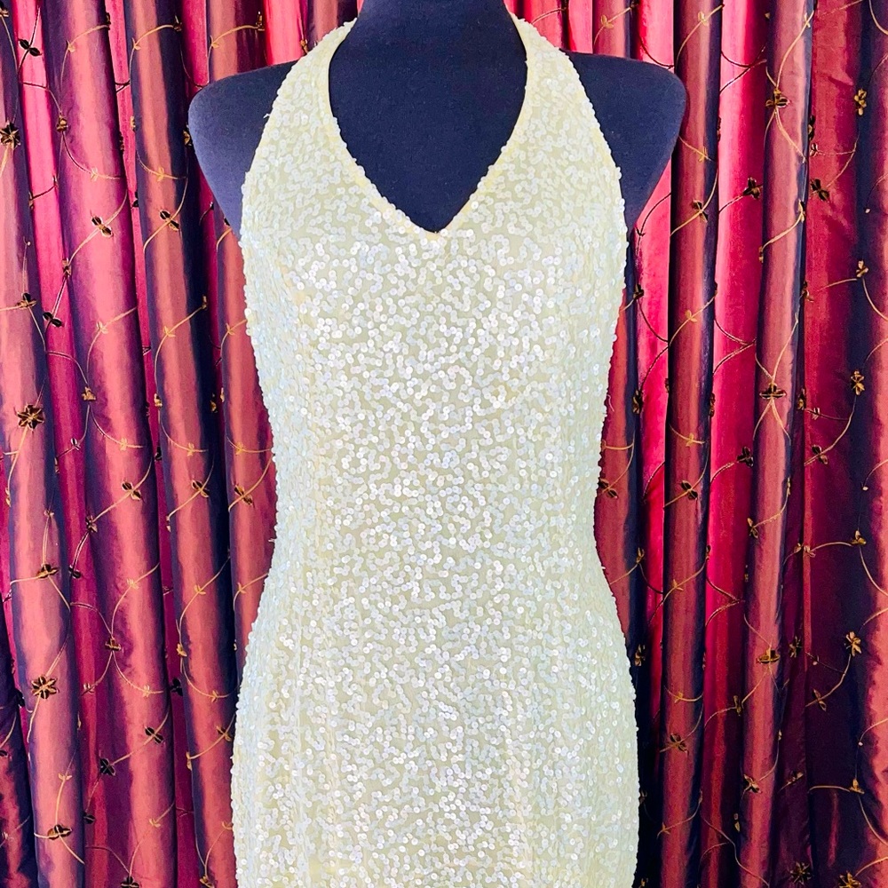 PAPELL Boutique Sequins Silk Evening Dress Soft yellow Prom Drs Pre Owned Sz 10